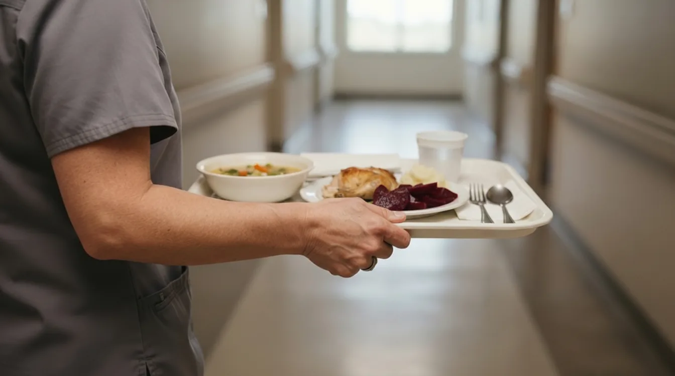 Prepared meal being served in an aged care or healthcare food-service setting