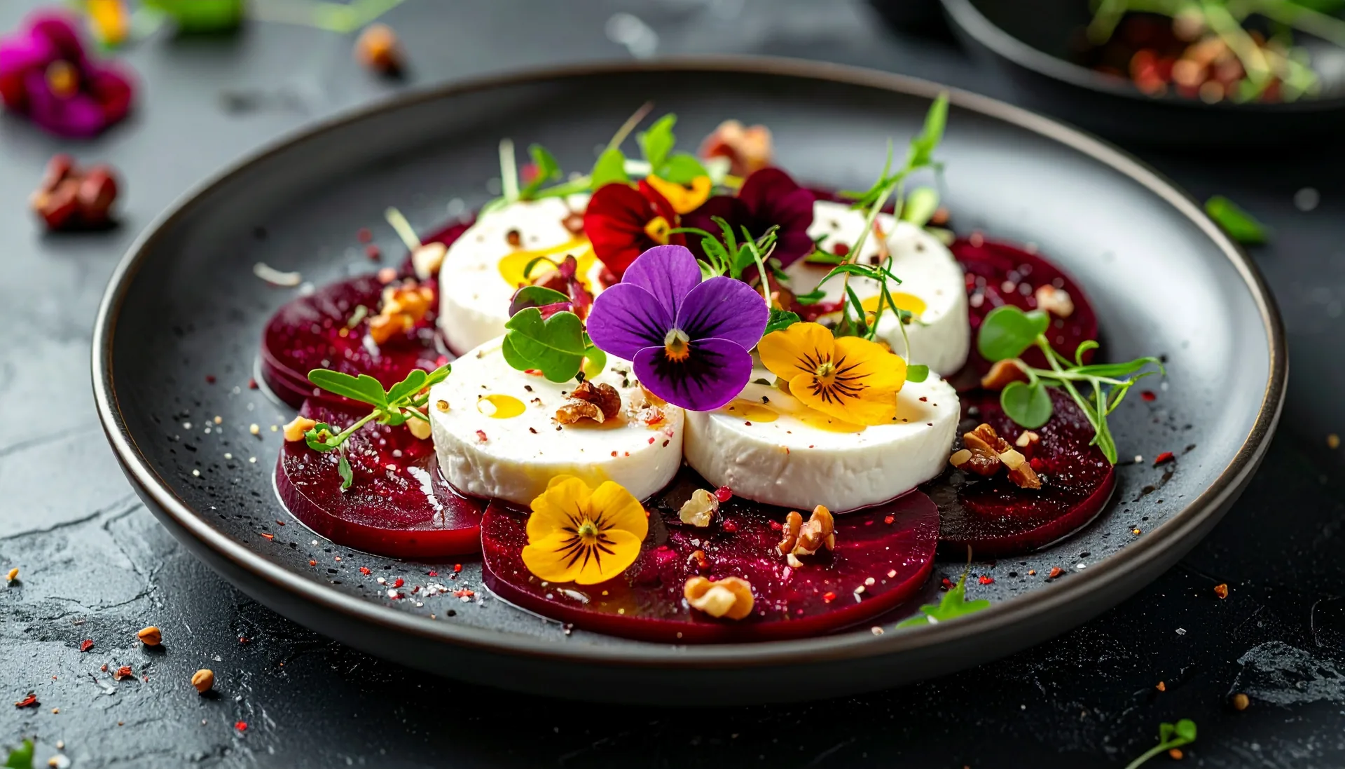 Contemporary plated dish featuring beetroot for food service