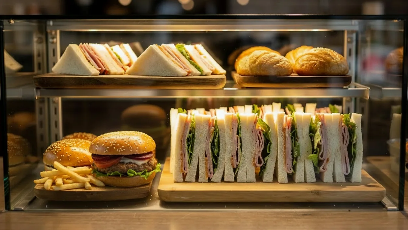 Cafe and deli display with burgers, sandwiches and grab-and-go food
