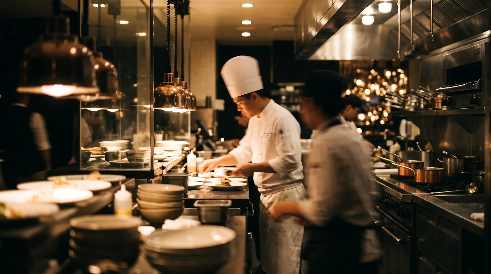 Professional chefs working in a busy commercial restaurant kitchen