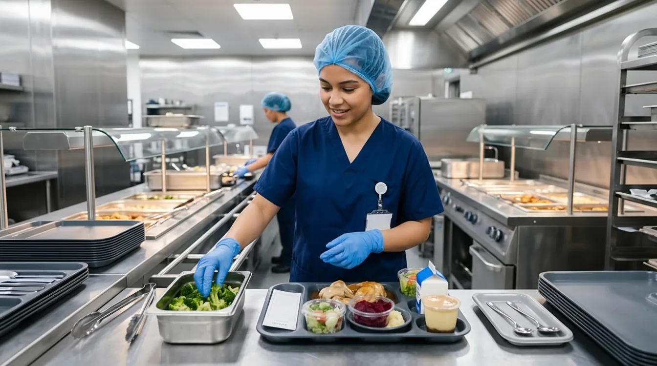 Food-service worker preparing plated meals in a commercial healthcare kitchen